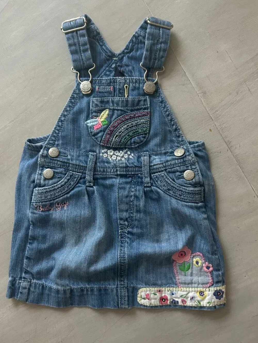 Vintage Y2K BabyGap Denim Overall Jumper Dress Size 6-12 Months Embroidered